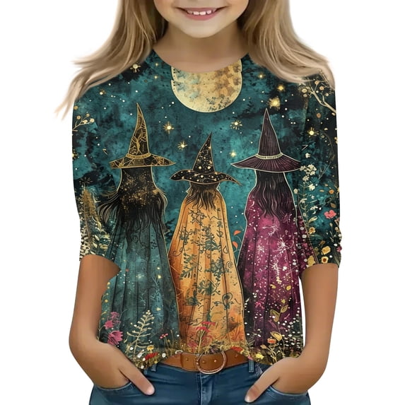 Abcomgle Girls Halloween Shirts Size 6 Spooky Witches Gathering Graphic Shirts for Kids Crewneck 3/4 Sleeve T-Shirts for Girls Fall Funny Scary Tee Top Girls