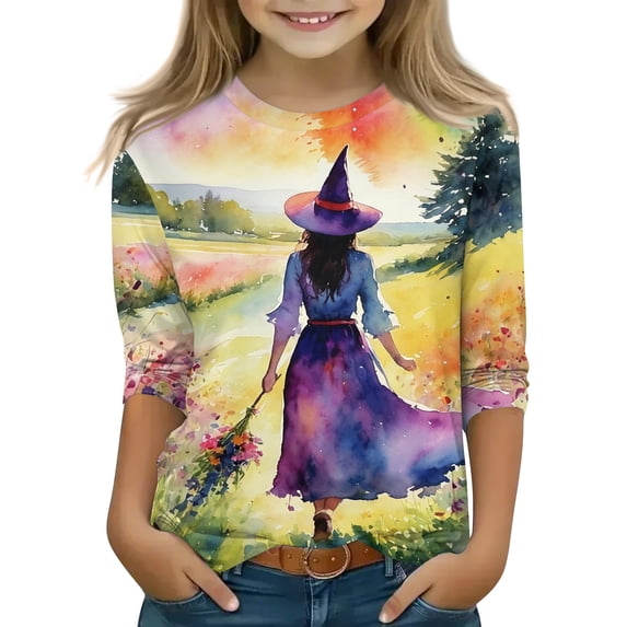 Abcomgle Girls Halloween Shirts Size 6 Spooky Witches Graphic Shirts for Kids Girls Crewneck 3/4 Sleeve T-Shirts for Girls Fall Funny Holiday Blouses for Girls