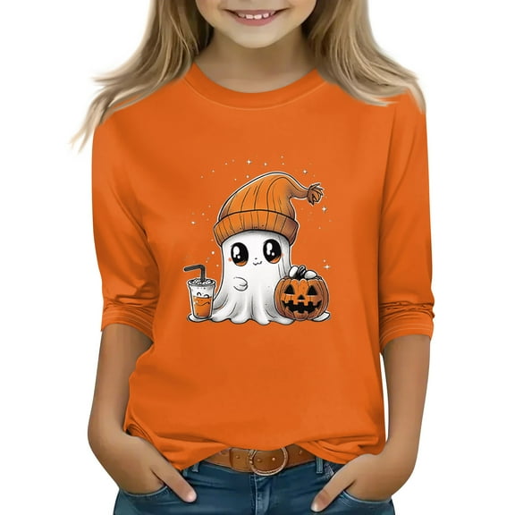 Abcomgle Girls Halloween Shirts Size 7-8 Cute Ghost Drinking Coffee Tee Shirts for Girls Crewneck Short Sleeve Tshirts for Girls Fall Funny Cute Top for Girls,9-10 Years