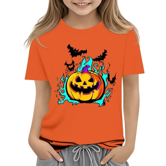 Abcomgle Girls Halloween Shirts Size 7-8 Spooky Colorful Flame Pumpkin Bat T-Shirts for Kid Girls Crewneck Short Sleeve Shirts for Kids Fall Funny Holiday Top for Girls