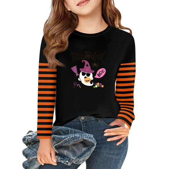 Abcomgle Girls Halloween Shirts Size 7-8 Spooky Ghost Boo Graphic Shirts for Kids Girls Crewneck Long Sleeve Tshirts for Kids Fall Funny Cute Blouses for Girls,10-11 Years