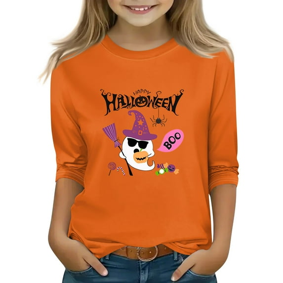Abcomgle Girls Halloween Shirts Size 7-8 Spooky Ghost Boo Graphic T-Shirts for Girls Crewneck 3/4 Raglan Sleeve T Shirts for Girls Fall Funny Cute Blouses for Girls,3-4 Years
