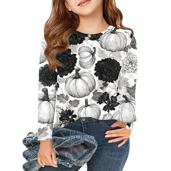 Abcomgle Girls Halloween Shirts Size 7-8 Spooky Vintage Pumpkin Graphic Shirts for Kids Girls Crewneck Long Sleeve Tshirts for Kids Fall Funny Holiday Blouses for Girls,3-4 Years