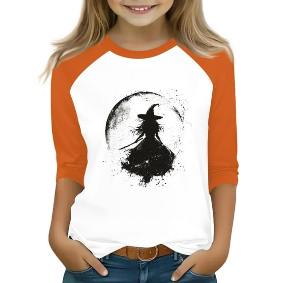 Abcomgle Girls Halloween Shirts Size 7-8 Spooky Witch Graphic Shirts for Kids Crewneck 3/4 Raglan Sleeve Tshirts for Girls Fall Funny Holiday Top for Girls,2-3 Years