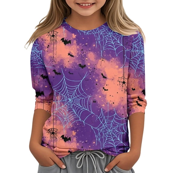 Abcomgle Girls Halloween T-Shirt Spooky Bat Spider Graphic Tshirts for Girls Crewneck 3/4 Sleeve Tshirts for Kids Fall Funny Cute Blouses for Girls,3-4 Years
