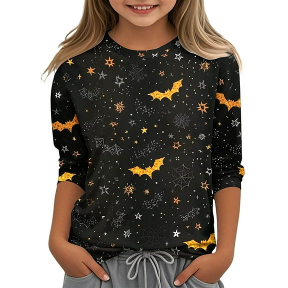 Abcomgle Girls Halloween T-Shirt Spooky Bat Spider Graphic Tshirts for Kids Crewneck 3/4 Sleeve Shirts for Kids Fall Funny Scary Tee Top Girls,13-14Years