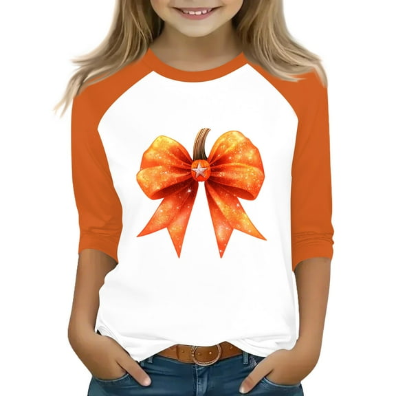Abcomgle Girls Halloween T-Shirt Spooky Bow Pumpkin Graphic Shirts for Kids Crewneck 3/4 Raglan Sleeve Tshirts for Kids Fall Funny Cute Top for Girls,6-7 Years