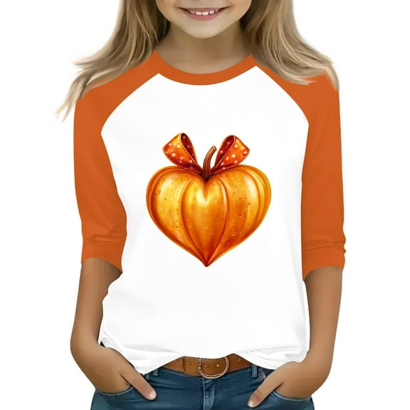 Abcomgle Girls Halloween T-Shirt Spooky Bow Pumpkin Graphic Shirts for Kids Girls Crewneck 3/4 Raglan Sleeve Tshirts for Kids Fall Funny Scary Tee Top Girls,3-4 Years