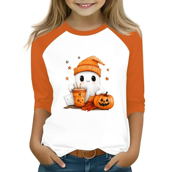 Abcomgle Girls Halloween T-Shirt Spooky Ghost Drinking Coffee Shirts for Kids Girls Crewneck 3/4 Raglan Sleeve Tshirts for Girls Fall Funny Holiday Top for Girls,8-9 Years