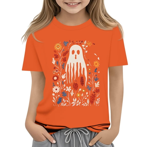 Abcomgle Girls Halloween T-Shirt Spooky Ghost Floral Shirts for Kids Crewneck Short Sleeve Tshirts for Kids Fall Funny Holiday Blouses for Girls