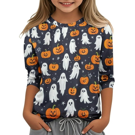 Abcomgle Girls Halloween T-Shirt Spooky Ghost Pumpkin Graphic T-Shirts for Girls Crewneck 3/4 Sleeve Shirts for Kids Fall Funny Cute Top for Girls,7-8 Years