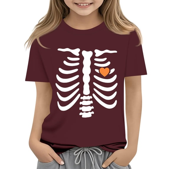 Abcomgle Girls Halloween T-Shirt Spooky Skeleton T-Shirts for Kid Girls Crewneck Short Sleeve Tshirts for Girls Fall Funny Cute Top for Girls