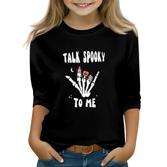 Abcomgle Girls Halloween T-Shirt Spooky Spooky Skeleton Graphic T-Shirts for Kid Girls Crewneck 3/4 Raglan Sleeve Shirts for Kids Fall Funny Scary Top for Girls,10-11 Years