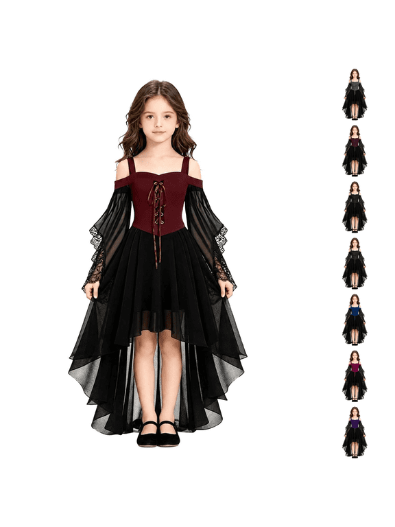 Girls Halloween Witch Vampire Dress 10-12 Gothic Renaissance Butterfly Sleeve for Girls Mesh Off Shoulder Halloween Dresses for Girls