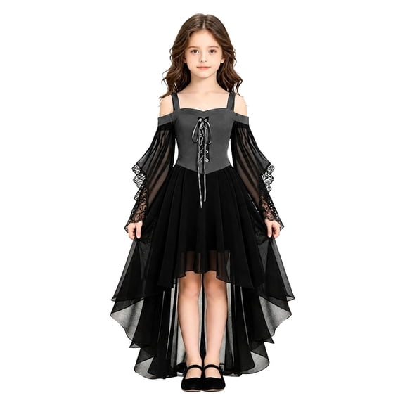 Abcomgle Girls Halloween Witch Vampire Dress Size 7-8 Gothic Renaissance Butterfly Sleeve for Girls Mesh Off Shoulder Halloween Dress Girls