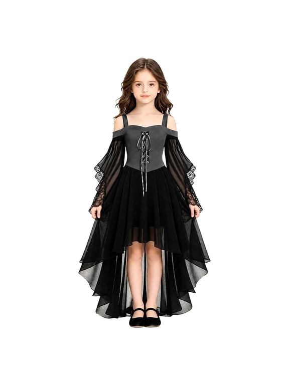 Girls Halloween Witch Vampire Dress Size 7-8 Gothic Renaissance Butterfly Sleeve for Girls Mesh Off Shoulder Halloween Dress Girls