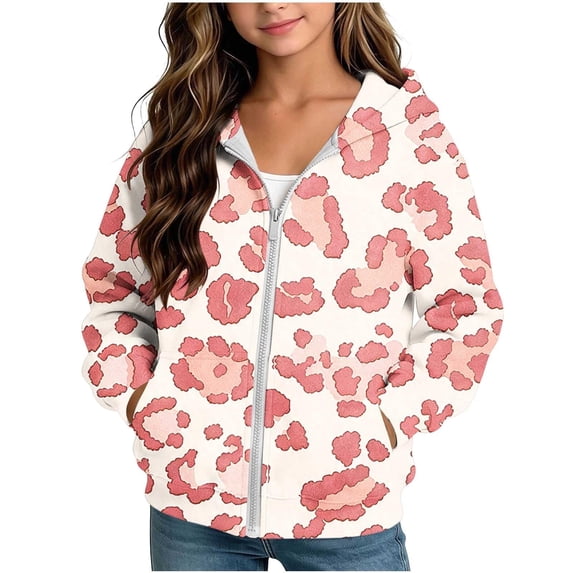 Abcomgle Girls Leopard Print Zip Up Hoodie 7-16 Fleece Full-Zip School Jacket for Girls Cute Teen Girls Sweatshirt Trendy Fall Hooded Hoodies for Teen Girls with Pockets