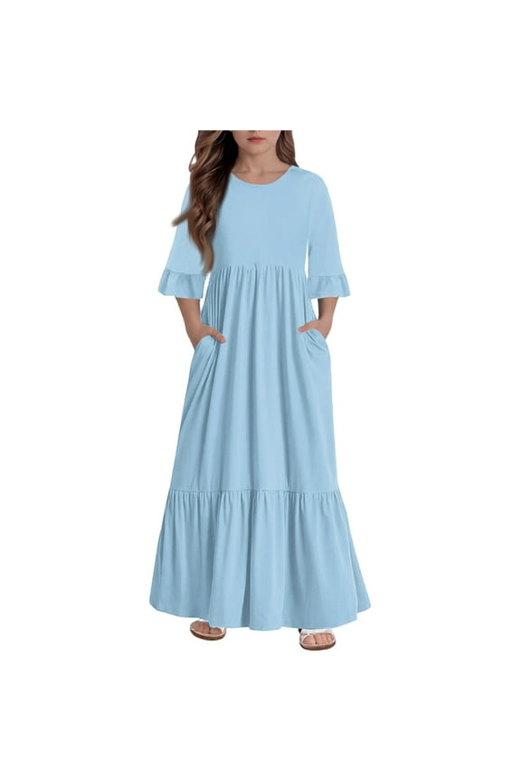 Girls Long Dress 10-12 Casual A-line Ruffle 3/4 Sleeve Girls Long Dresses Cute Crew Neck Sundresses Holiday Tiered Dresses with Pockets,5-6 Years Light Blue