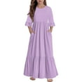 thumbnail image 1 of Abcomgle Girls Fall Dresses Kids Casual A-Line 3/4 Sleeve Girls Long Dresses Solid Color Crew Neck Sundresses Tiered Dresses with Pockets,13-14 Years Light Purple, 1 of 5