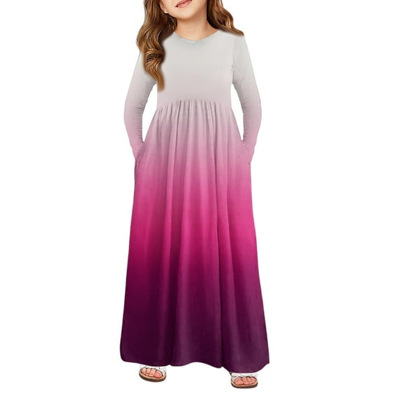 Abcomgle Girls Long Dress Size 14-16 Casual A-Line Long Sleeve Maxi Dress Gradient Crew Neck Sundresses Swing Dresses with Pockets,Pink