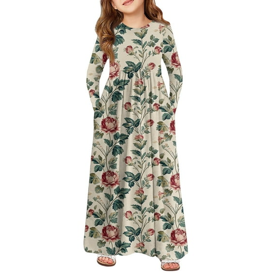 Abcomgle Girls Long Dress Size 7-8 Casual A-Line Long Sleeve Girls Long Dresses Vintage Floral Print Crew Neck Sundresses Holiday Swing Dresses with Pockets,Beige