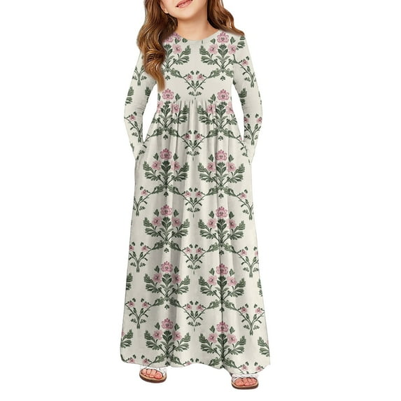 Abcomgle Girls Long Dress Size 7-8 Casual A-Line Long Sleeve Girls Long Dresses Vintage Floral Print Crew Neck Sundresses Holiday Swing Skirt with Pockets,Green