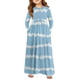 thumbnail image 1 of Abcomgle Girls Long Dress Size 7-8 Casual A-Line Long Sleeve Maxi Dress Striped Colorblock Crew Neck Sundresses Beach Swing Skirt with Pockets,Blue, 1 of 5