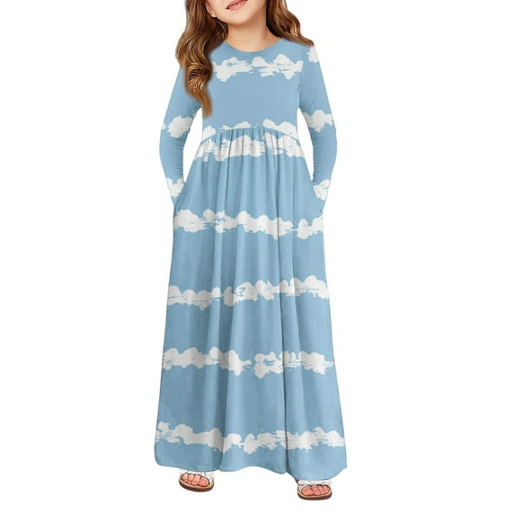 Abcomgle Girls Long Dress Size 7-8 Casual A-Line Long Sleeve Maxi Dress Striped Colorblock Crew Neck Sundresses Beach Swing Skirt with Pockets,Blue
