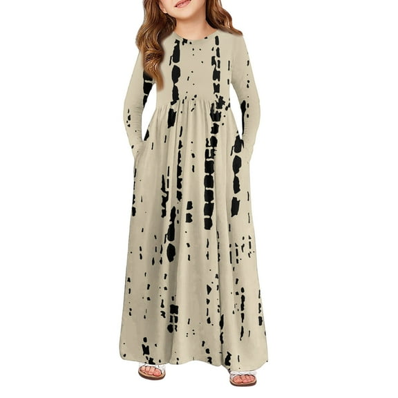 Abcomgle Girls Long Dress Size 7-8 Casual A-Line Long Sleeve Maxi Dress Striped Crew Neck Sundresses Swing Dresses with Pockets,Beige