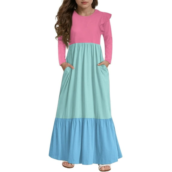Abcomgle Girls Long Dresses 10-12 Casual A-Line Ruffle Long Sleeve Girls Long Dresses Colorblock Crew Neck Sundresses Boho Tiered Dresses with Pockets,Light Green