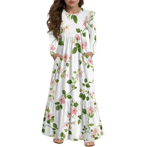 Abcomgle Girls Long Dresses 10-12 Casual A-Line Ruffle Long Sleeve Girls Long Dresses Floral Print Crew Neck Sundresses Elegant Tiered Dresses with Pockets,Mint Green