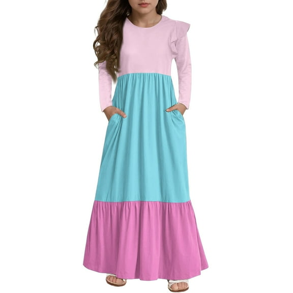 Abcomgle Girls Long Dresses 10-12 Casual A-Line Ruffle Long Sleeve Maxi Dress Colorblock Crew Neck Sundresses Boho Tiered Dresses with Pockets,Pink