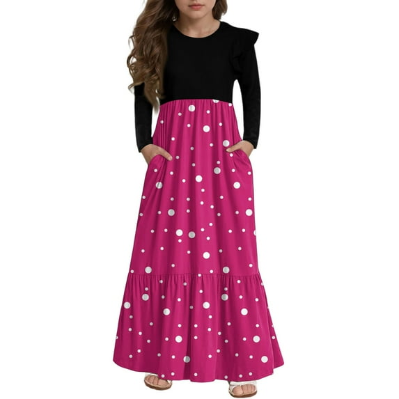 Abcomgle Girls Long Dresses 10-12 Casual Patchwork Ruffle Long Sleeve Girls Long Dresses Polka Dot Crew Neck Sundresses Summer Tiered Dresses with Pockets,11-12 Years Hot Pink