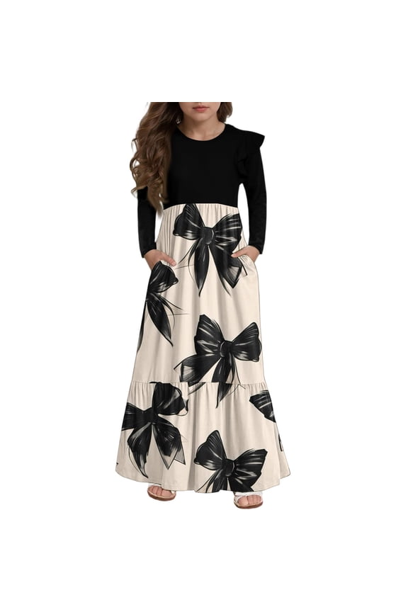Girls Long Dresses 10-12 Casual Patchwork Ruffle Long Sleeve Maxi Dress Bownot Graphic Crew Neck Sundresses Tiered Dresses with Pockets,13-14 Years Beige