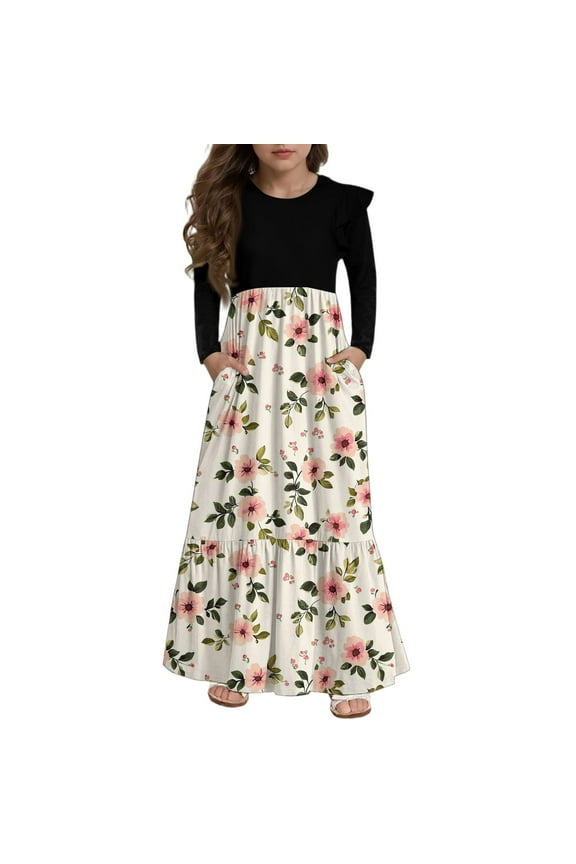 Girls Maxi Dresses 7-16 Patchwork Ruffle Long Sleeve Maxi Dress Floral Print Crew Neck Sundresses Basic Tiered Dresses with Pockets,9-10 Years Beige