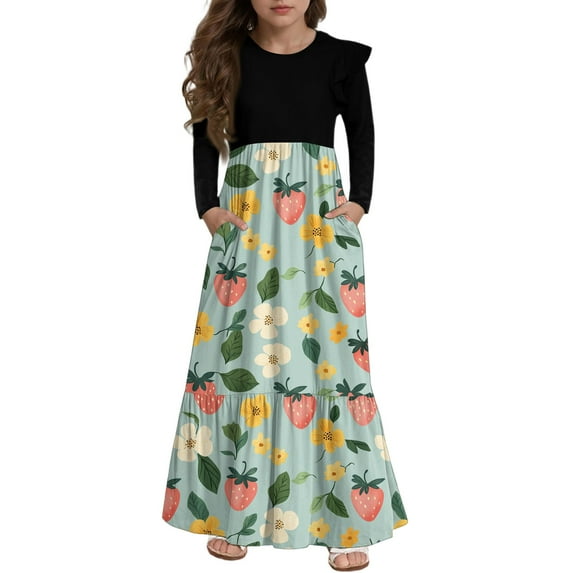 Abcomgle Girls Long Dresses 10-12 Casual Patchwork Ruffle Long Sleeve Maxi Dress Strawberry Graphic Crew Neck Sundresses Summer Tiered Dresses with Pockets,5-6 Years Green