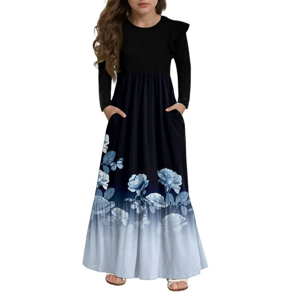 Abcomgle Girls Long Dresses 10-12 Casual Patchwork Ruffle Long Sleeve Maxi Dress Vintage Floral Print Crew Neck Sundresses Tiered Dresses with Pockets,13-14 Years Blue