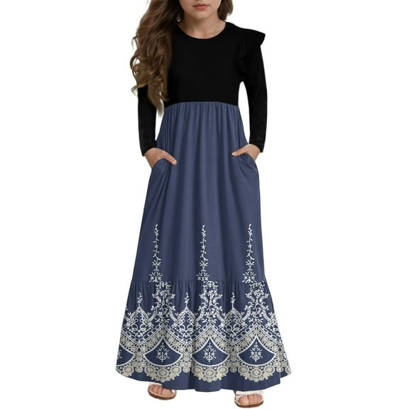 Abcomgle Girls Long Dresses 10-12 Casual Patchwork Ruffle Long Sleeve Maxi Dress Vintage Floral Print Crew Neck Sundresses Tiered Dresses with Pockets,9-10 Years Dark Blue
