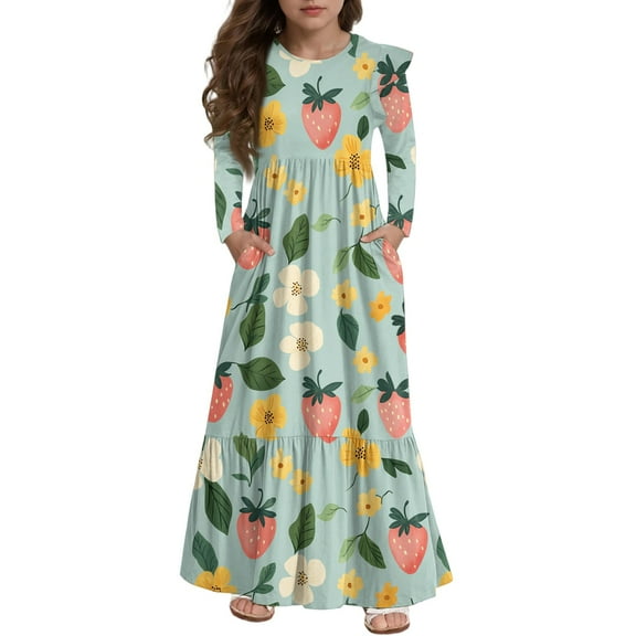 Abcomgle Girls Long Dresses Size 14-16 Casual A-Line Ruffle Long Sleeve Girls Long Dresses Strawberry Graphic Crew Neck Sundresses Beach Tiered Dresses with Pockets,Green