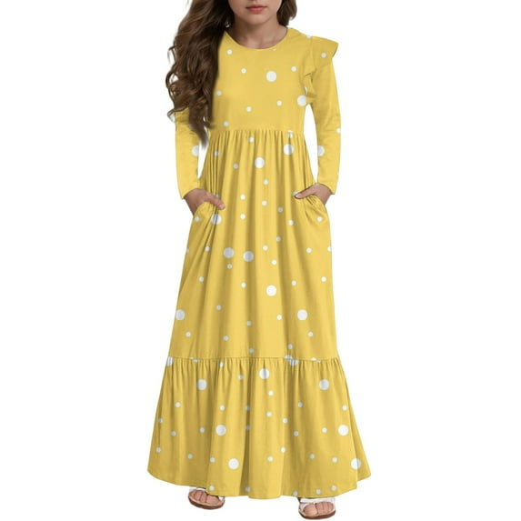 Abcomgle Girls Long Dresses Size 14-16 Casual A-Line Ruffle Long Sleeve Maxi Dress Polka Dot Crew Neck Sundresses Flowy Tiered Dresses with Pockets,Yellow