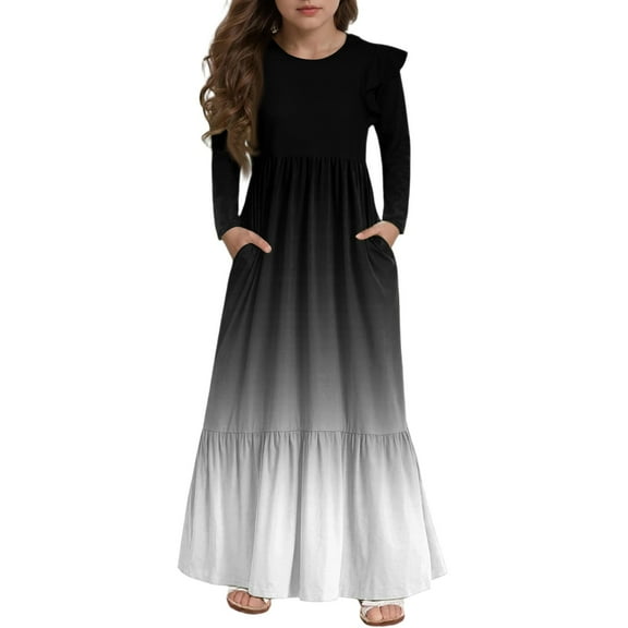 Abcomgle Girls Long Dresses Size 7-8 Casual A-Line Ruffle Long Sleeve Girls Long Dresses Gradient Crew Neck Sundresses Tiered Dresses with Pockets,Black
