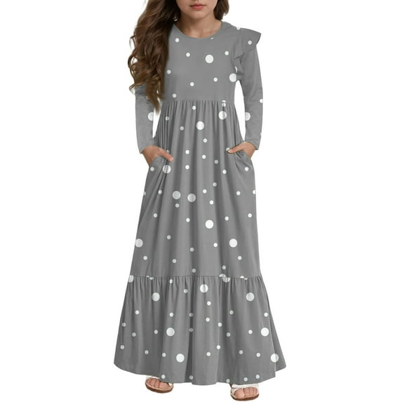 Abcomgle Girls Long Dresses Size 7-8 Casual A-Line Ruffle Long Sleeve Girls Long Dresses Polka Dot Crew Neck Sundresses Tiered Dresses with Pockets,Gray