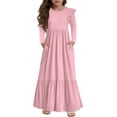 thumbnail image 1 of Abcomgle Girls Long Dresses Size 7-8 Casual A-Line Ruffle Long Sleeve Girls Long Dresses Solid Color Crew Neck Sundresses Tiered Boho Dresses with Pockets,Pink, 1 of 5