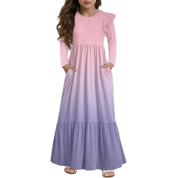 Abcomgle Girls Long Dresses Size 7-8 Casual A-Line Ruffle Long Sleeve Maxi Dress Gradient Crew Neck Sundresses Flowy Tiered Dresses with Pockets,Pink