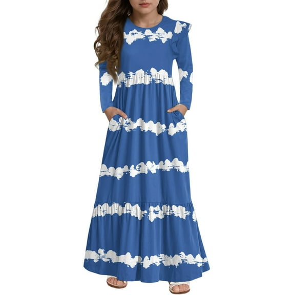 Abcomgle Girls Long Dresses Size 7-8 Casual A-Line Ruffle Long Sleeve Maxi Dress Striped Colorbolck Crew Neck Sundresses Beach Tiered Dresses with Pockets,Blue