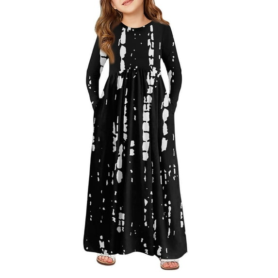 Abcomgle Girls Long Sleeve Dress Casual A-Line Long Sleeve Girls Long Dresses Striped Crew Neck Sundresses Loose Swing Dresses with Pockets,Black