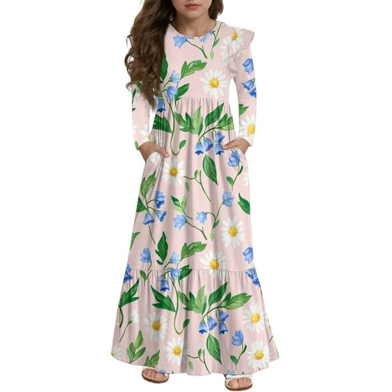 Abcomgle Girls Long Sleeve Dresses 10-12 Casual A-Line Ruffle Long Sleeve Maxi Dress Daisy Flower Print Crew Neck Sundresses Boho Tiered Dresses with Pockets,Light pink