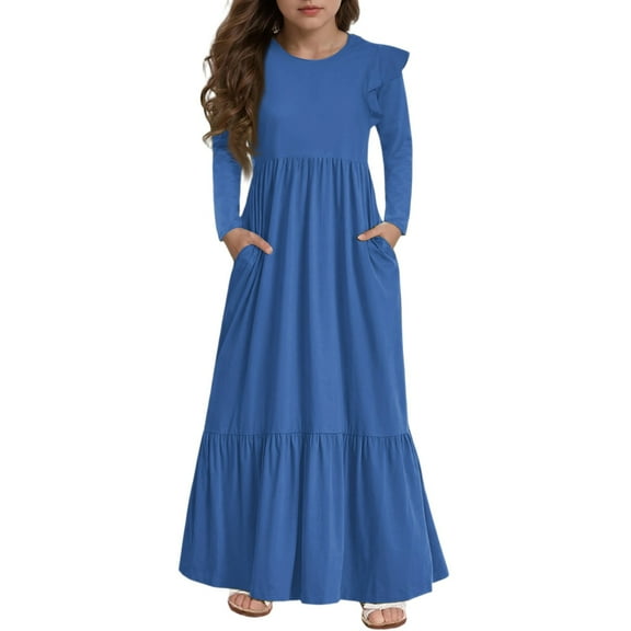 Abcomgle Girls Long Sleeve Dresses 10-12 Casual A-Line Ruffle Long Sleeve Maxi Dress Solid Color Crew Neck Sundresses Tiered Dresses with Pockets,Blue