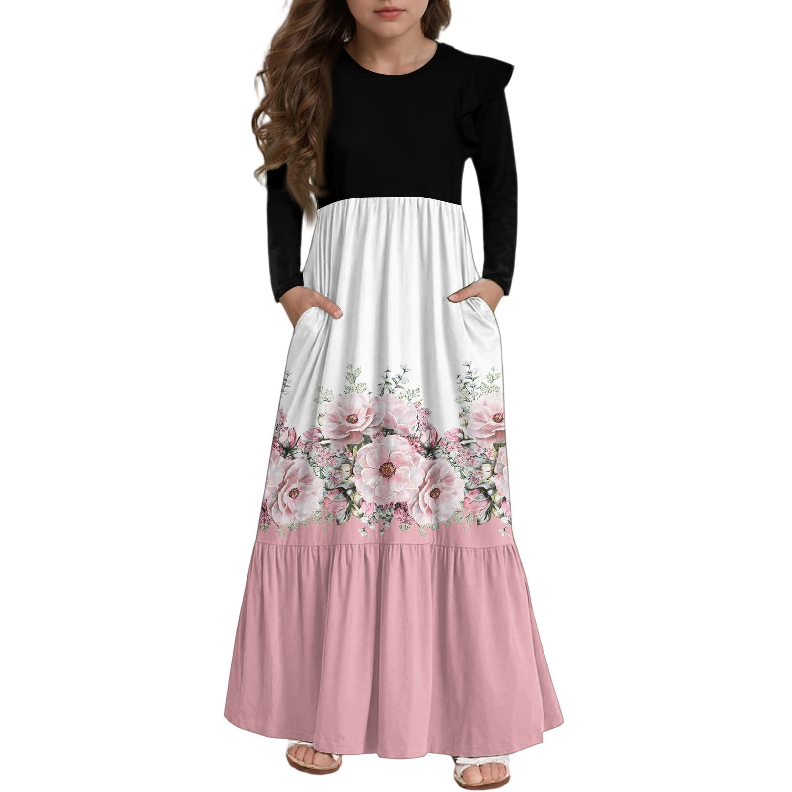 Abcomgle Girls Long Sleeve Dresses 10-12 Casual Patchwork Ruffle Sleeve ...