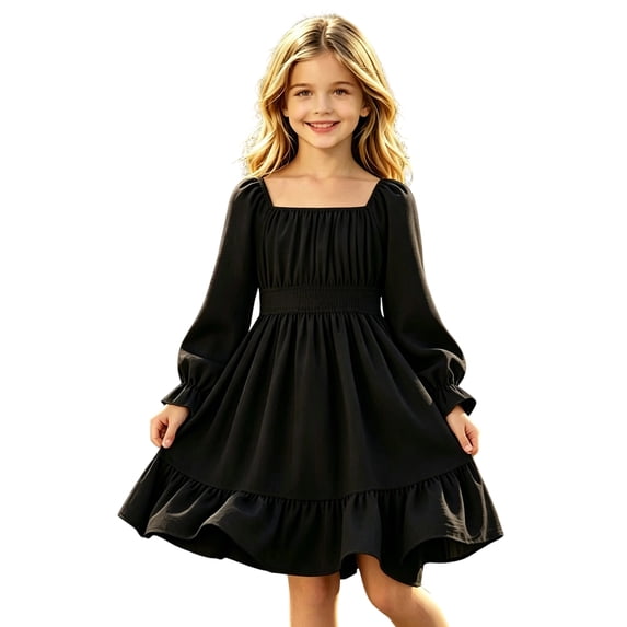 Abcomgle Girls Long Sleeve Dresses 10-12 Casual Smocked Lantern Sleeve Dresses A-Line Flowy Tiered Sundress Cute Boho Swing Pleated Midi Dress
